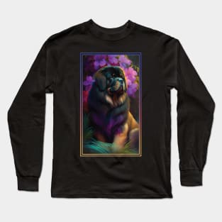 Tibetan Mastiff Dog Vibrant Tropical Flower Tall Digital Oil Painting Portrait Long Sleeve T-Shirt